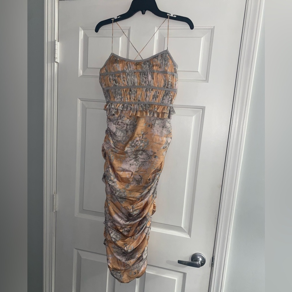 US 0 ASOS design floral orange, grey and pink dress